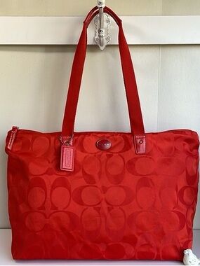 COACH Packable Weekender Tote red/orange overnight 77321 Signature Nylon C bag